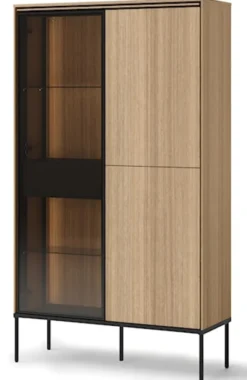 Wysoka komoda Visso trzydrzwiowa z witryną i oświetleniem 91 cm dąb linearny