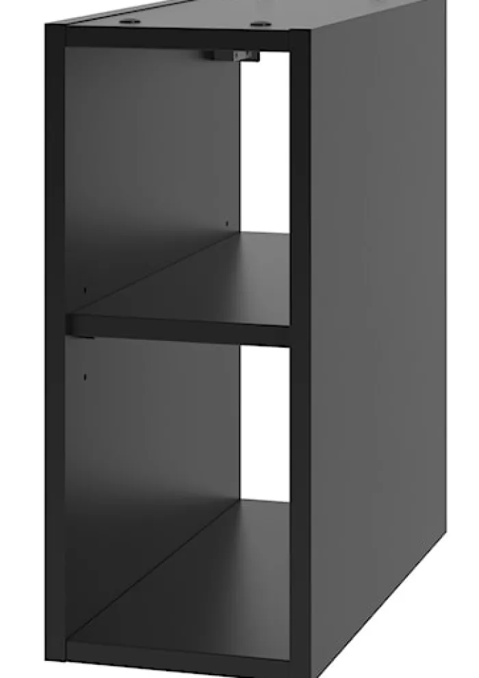 Zestaw łazienkowy z dwiema umywalkami nablatowymi i półkami Stella 140 cm ryflowane fronty orzech / czarny mat