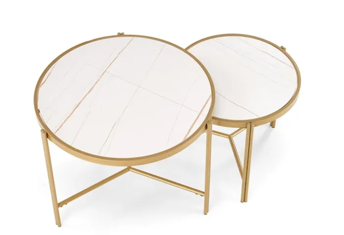 Zestaw dwóch stolików kawowych Hesivene z okrągłymi blatami 63 cm i 48 cm biały marmur/ złoty