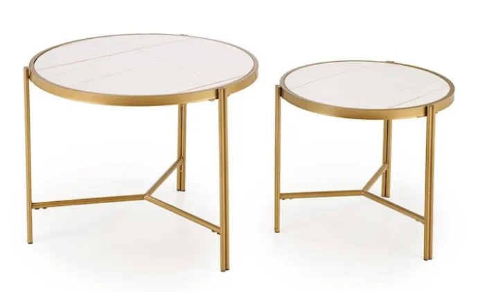 Zestaw dwóch stolików kawowych Hesivene z okrągłymi blatami 63 cm i 48 cm biały marmur/ złoty